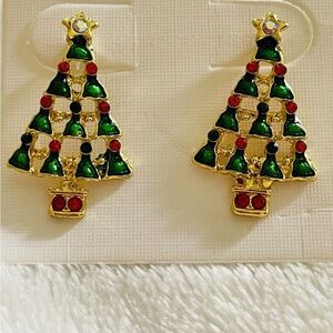 Festive Christmas Tree Earrings in Gold, Red & Green crystals